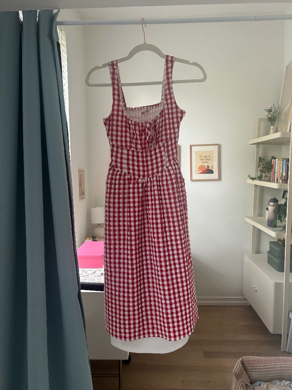 Vintage Red & White Gingham Midi Dress with Pockets Cottagecore Size Small
